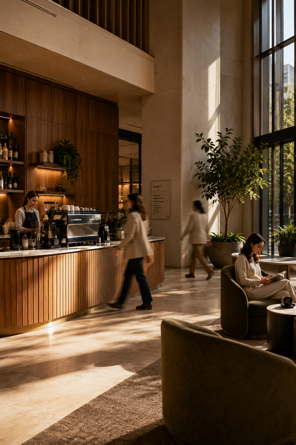 Sunlit lobby cafe with a timber bar, greenery and guests arriving and relaxing